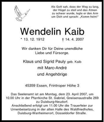 Traueranzeige von Wendelin Kaib von Tageszeitung