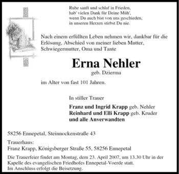 Traueranzeige von Erna Nehler von Tageszeitung