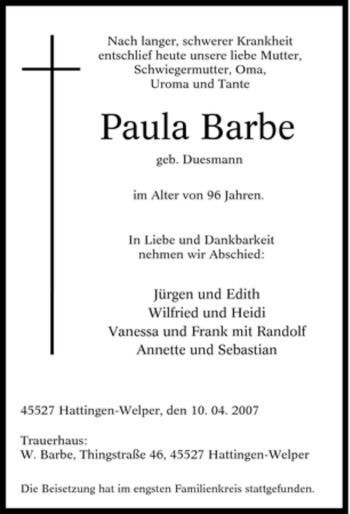 Traueranzeige von Paula Barbe von Tageszeitung
