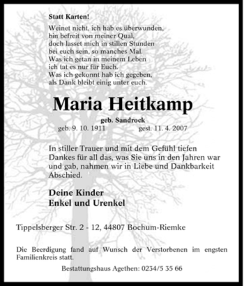Traueranzeige von Maria Heitkamp von Tageszeitung