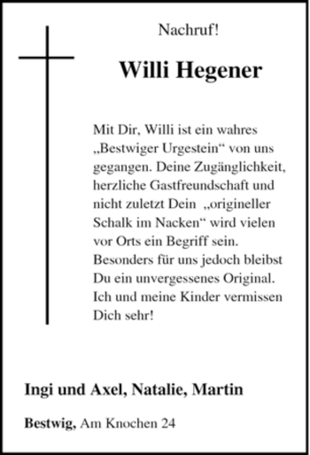 Traueranzeige von Willi Hegener von Tageszeitung