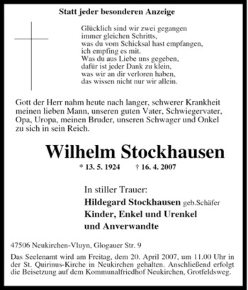 Traueranzeige von Wilhelm Stockhausen von Tageszeitung