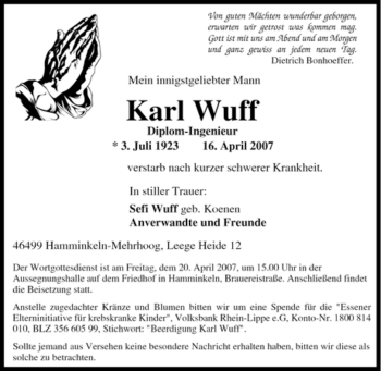 Traueranzeige von Karl Wuff von Tageszeitung