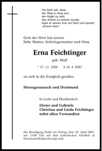 Traueranzeige von Erna Feichtinger von Tageszeitung