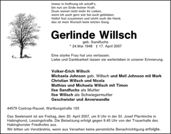 Traueranzeige von Gerlinde Willsch von Tageszeitung