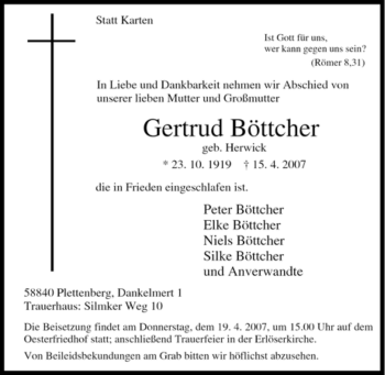 Traueranzeige von Gertrud Böttcher von Tageszeitung