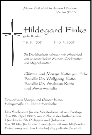Traueranzeige von Hildegard Finke von Tageszeitung