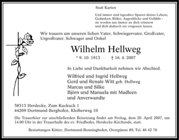 Traueranzeige von Wilhelm Hellweg von Tageszeitung