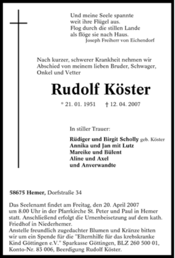Traueranzeige von Rudolf Köster von Tageszeitung
