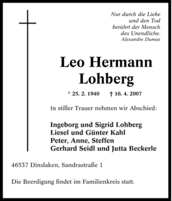 Traueranzeige von Leo Hermann Lohberg von Tageszeitung