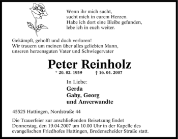 Traueranzeige von Peter Reinholz von Tageszeitung