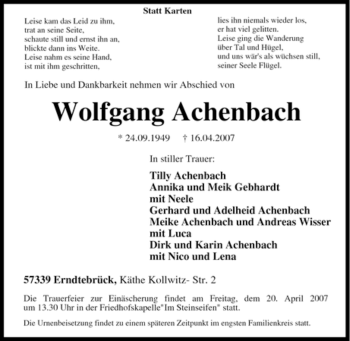 Traueranzeige von Wolfgang Achenbach von Tageszeitung