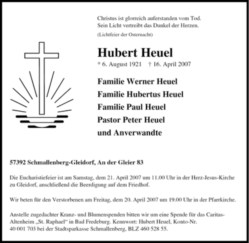  Traueranzeige für Hubert Heuel vom 18.04.2007 aus Tageszeitung