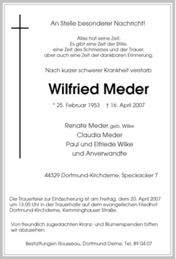 Traueranzeige von Wilfried Meder von Tageszeitung