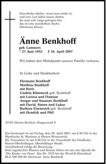Traueranzeige von Änne Benkhoff von Tageszeitung