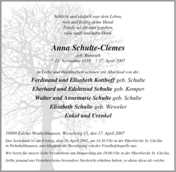 Traueranzeige von Anna Schulte-Clemes von Tageszeitung