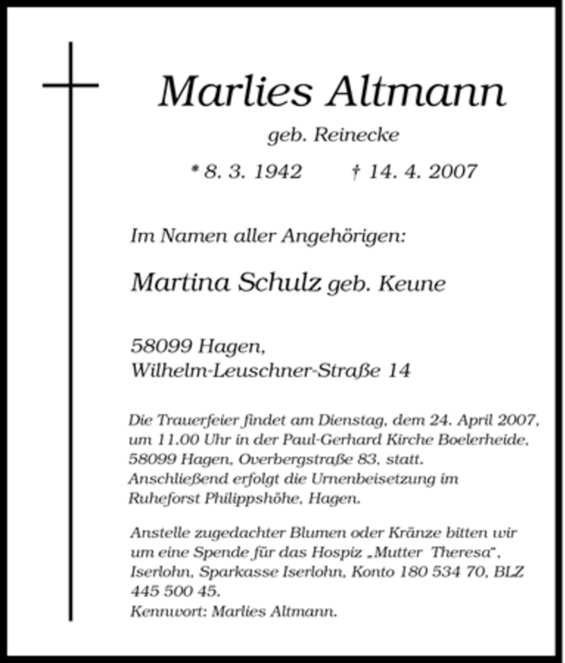  Traueranzeige für Marlies Altmann vom 18.04.2007 aus Tageszeitung