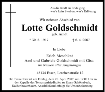 Traueranzeige von Lotte Goldschmidt von Tageszeitung