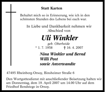 Traueranzeige von Uli Winkler von Tageszeitung