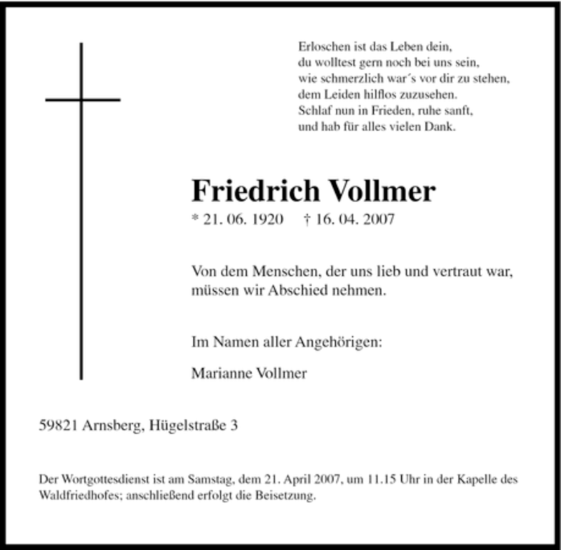  Traueranzeige für Friedrich Vollmer vom 18.04.2007 aus Tageszeitung