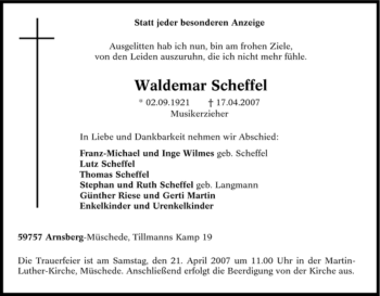 Traueranzeige von Waldemar Scheffel von Tageszeitung