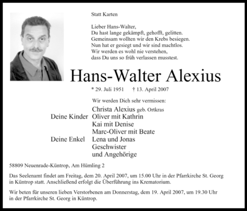  Traueranzeige für Hans-Walter Alexius vom 18.04.2007 aus Tageszeitung