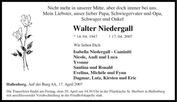 Traueranzeige von Walter Niedergall von Tageszeitung