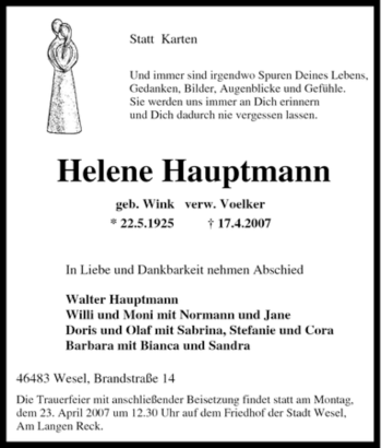 Traueranzeige von Helene Hauptmann von Tageszeitung