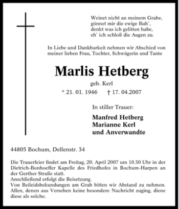 Traueranzeige von Marlis Hetberg von Tageszeitung