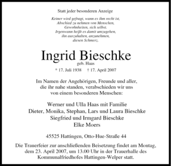 Traueranzeige von Ingrid Bieschke von Tageszeitung