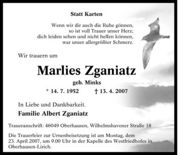 Traueranzeige von Marlies Zganiatz von Tageszeitung