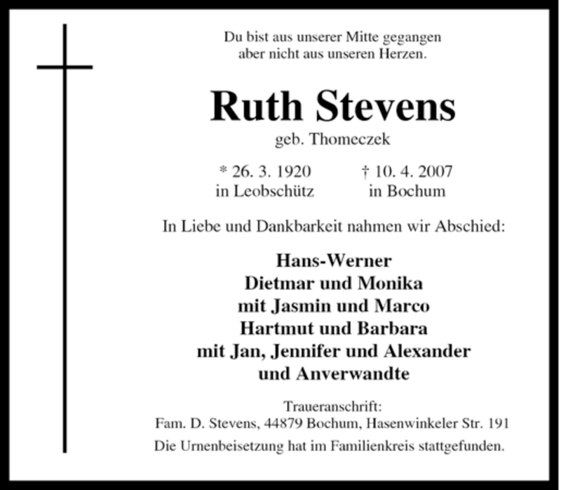  Traueranzeige für Ruth Stevens vom 19.04.2007 aus Tageszeitung