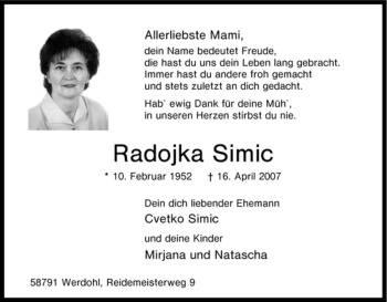 Traueranzeige von Radojka Simic von Tageszeitung