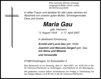 Traueranzeige von Maria Gau von Tageszeitung