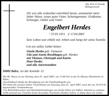 Traueranzeige von Engelbert Herdes von Tageszeitung