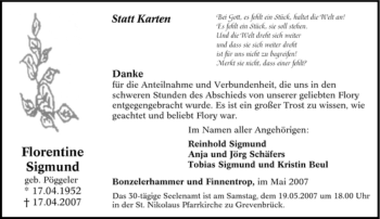 Traueranzeige von Florentine Sigmund von Tageszeitung