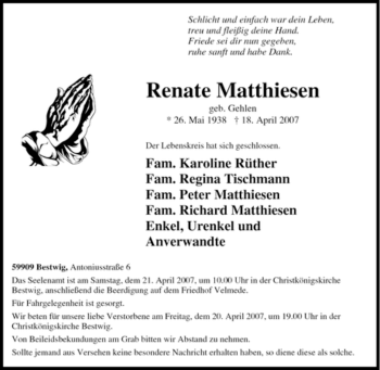 Traueranzeige von Renate Matthiesen von Tageszeitung