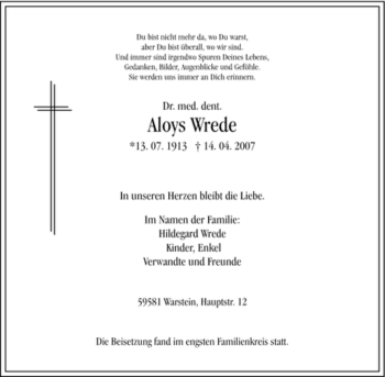 Traueranzeige von Aloys Wrede von Tageszeitung