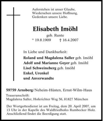 Traueranzeige von Elisabeth Imöhl von Tageszeitung