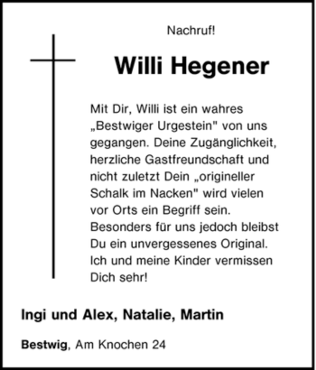 Traueranzeige von Willi Hegener von Tageszeitung