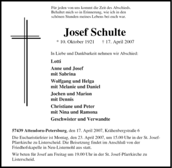 Traueranzeige von Josef Schulte von Tageszeitung