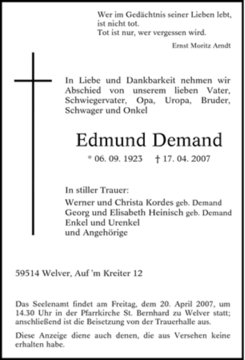 Traueranzeige von Edmund Demand von Tageszeitung