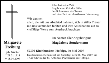 Traueranzeige von Margarete Freiburg von Tageszeitung