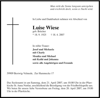 Traueranzeige von Luise Wiese von Tageszeitung