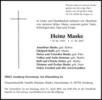 Traueranzeige von Heinz Maske von Tageszeitung