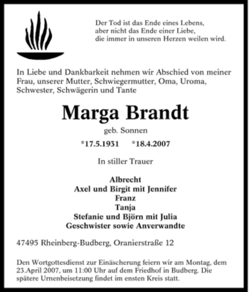 Traueranzeige von Marga Brandt von Tageszeitung