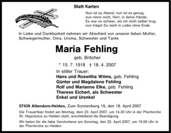 Traueranzeige von Maria Fehling von Tageszeitung