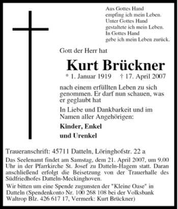 Traueranzeige von Kurt Brückner von Tageszeitung