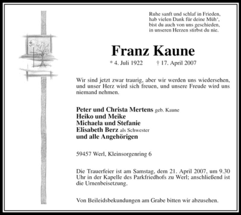  Traueranzeige für Franz Kaune vom 19.04.2007 aus Tageszeitung