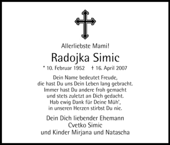 Traueranzeige von Radojka Simic von Tageszeitung